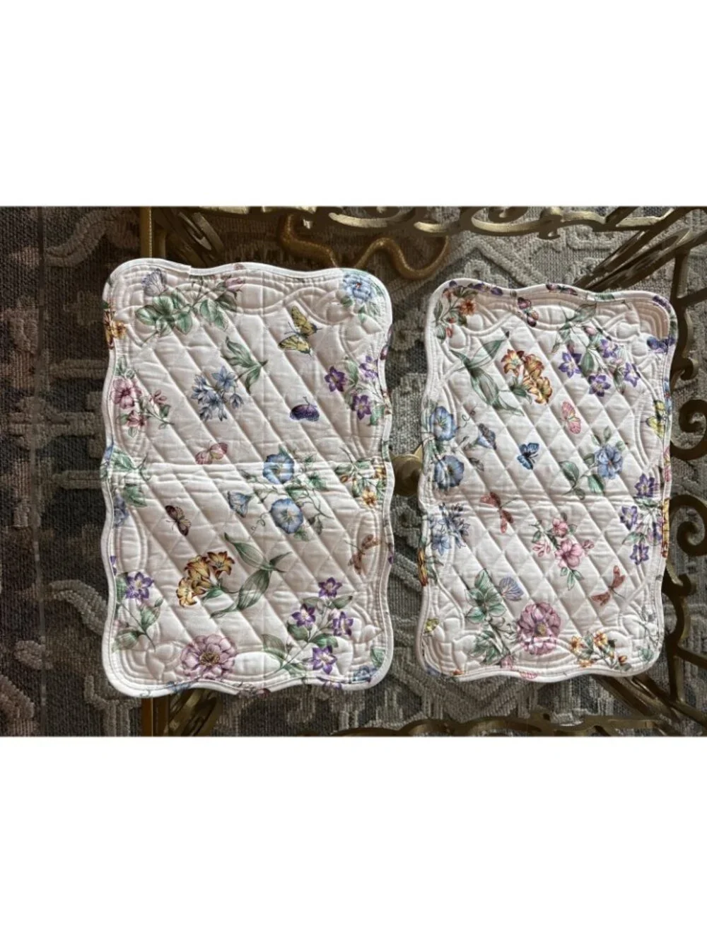 2 Vintage Floral Butterfly Placemats Quilted Table Mats Cottage Garden Linens